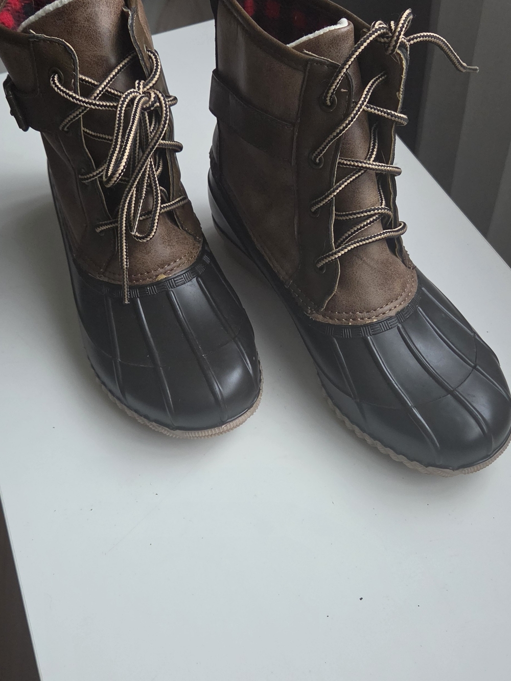 Madden Girl Lacee Duck Boots Brown Flannel Lined Winter Rain Waterproof
